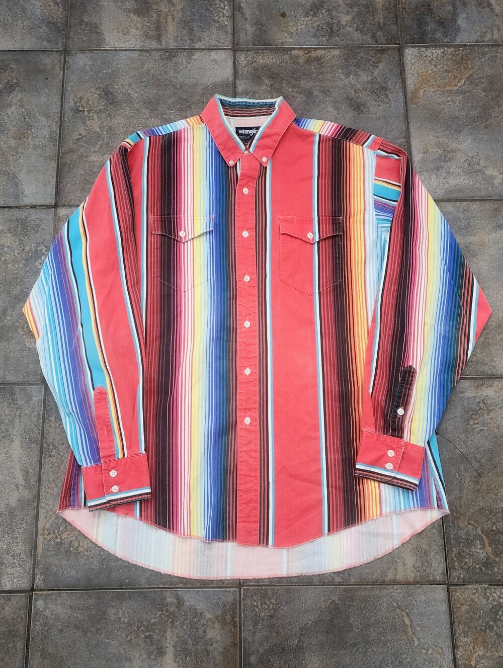 Vintage 90s Wrangler Brushpopper Men's 17.5x36 Colorful Striped Button Up Shirt
